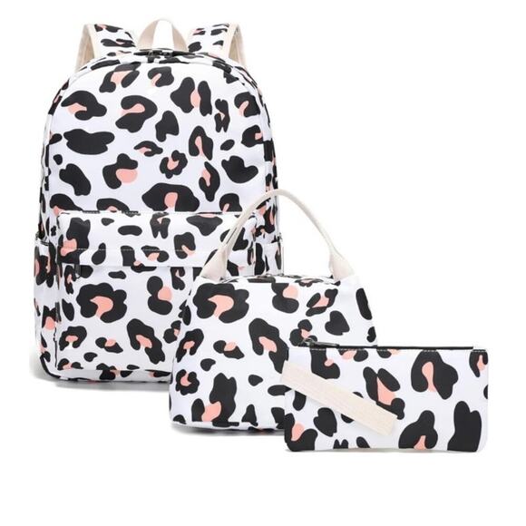 Trendy Leopard Print School Backpack Set 3pc | Lunch Bag + Pencil Case | NEW - Picture 1 of 8
